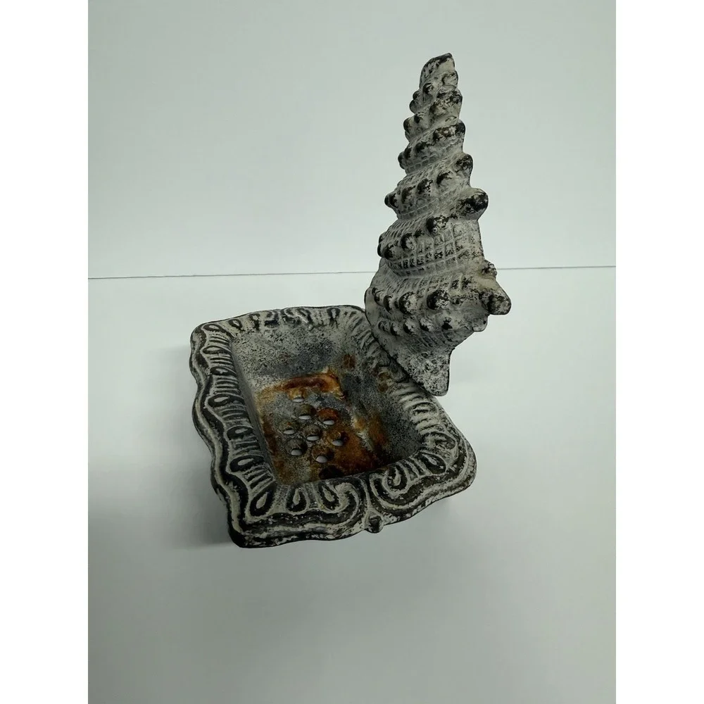 Vtg Rustic conchshell Cast Iron Free Standing‎ Soap Dish Rustic Bath Decor .